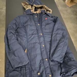 Women's Faux Fur Quilted Puffer Hooded Coat Jacket Zip & Snap Navy Blue Size XL